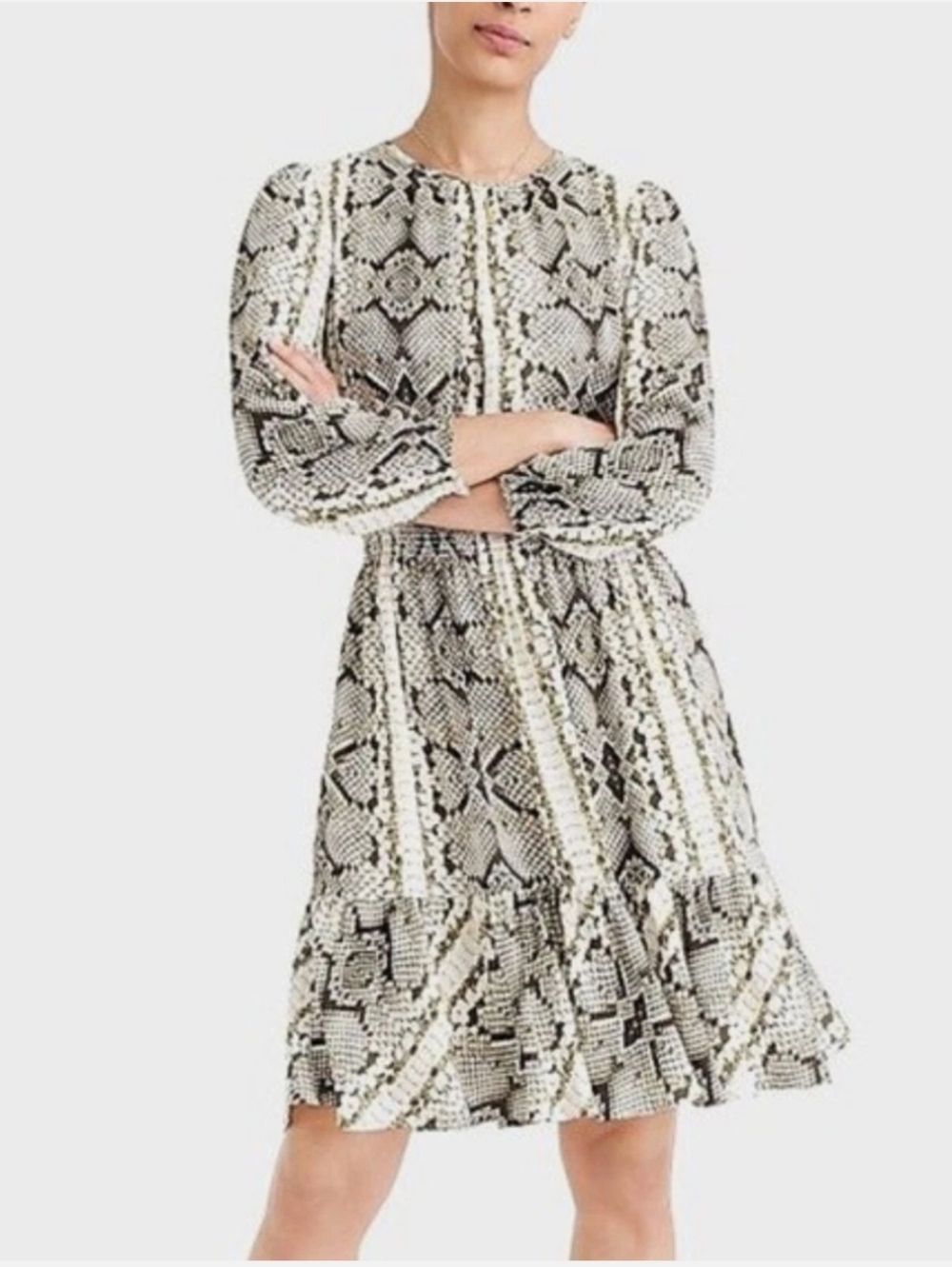 J. Crew Snake-Print Long-Sleeve Ruffle Hem Smock Dress CottageCore Country Chic